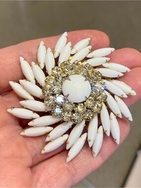 Vintage Judy Lee White Milk Glass Rhinestone Brooch